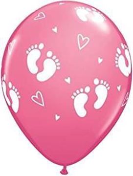 6 Balões 11" Impressos Baby Footprints - Rosa