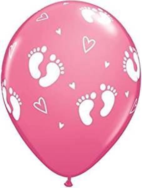 6 Balões 11" Impressos Baby Footprints - Rosa