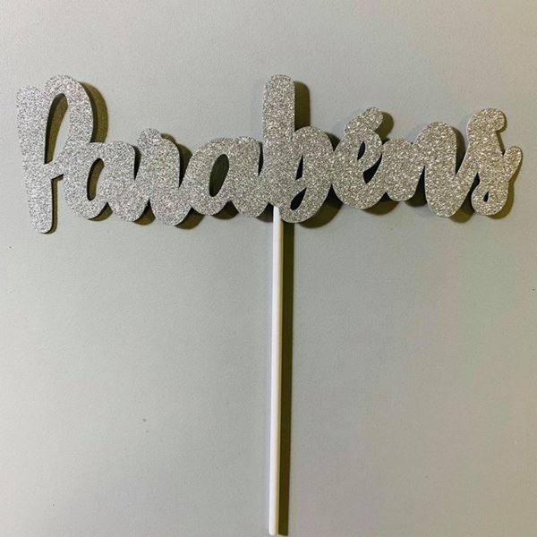Topper Parabéns Prata Glitter