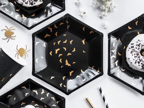6 Pratos Pretos Com Morcegos Ouro
