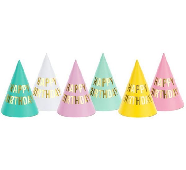 6 Chapéus Cone Happy Birthday 16cm