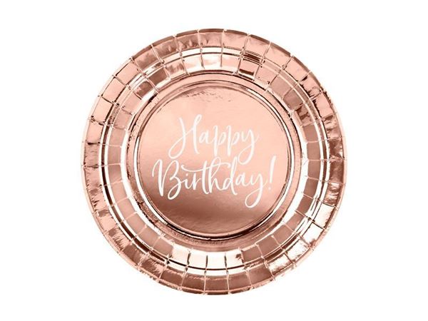 6 Pratos Happy Birthday Rose Gold 18cm
