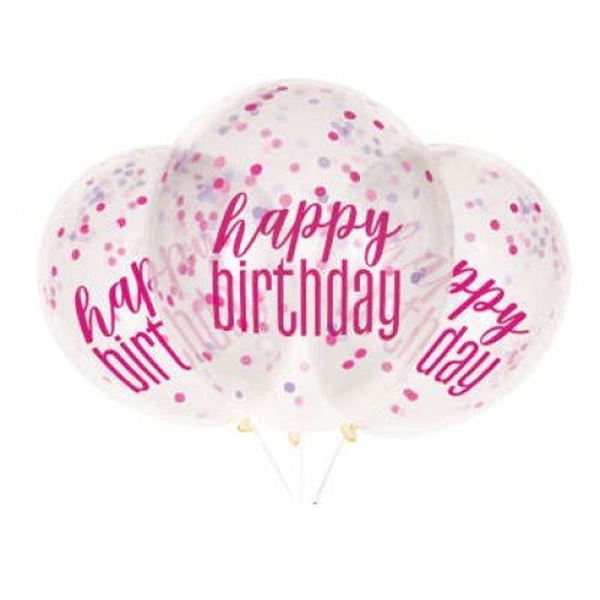 Saco 6 Balões Happy Birthday Com Confettis Rosa Choque