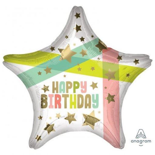 Balão Foil Standart Happy Birthday Gold Stars