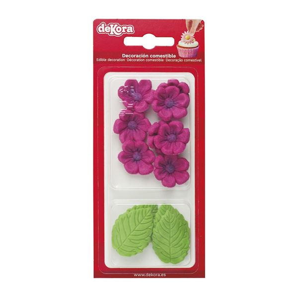 Set 8 Flores Açúcar Fucsia + 5 Folhas Verdes