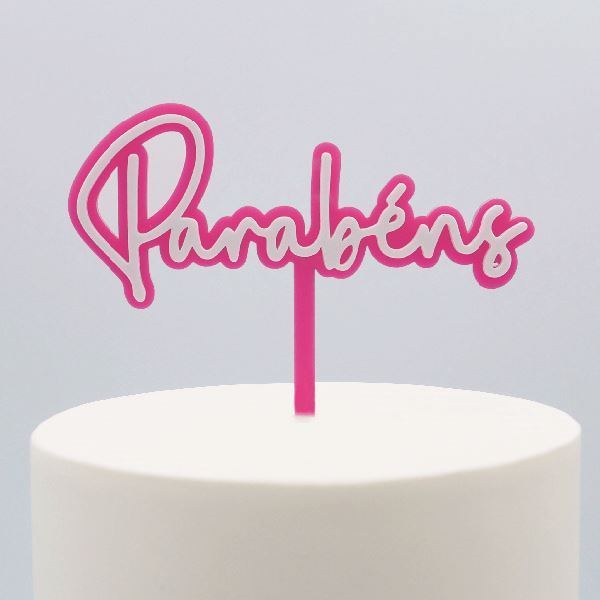Topper Acrilico Parabéns Rosa & Branco
