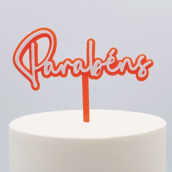 Topper Acrilico Parabéns Laranja & Branco