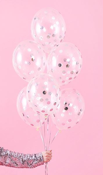 6 Balões Latex Com Confettis Prata 30cm