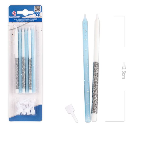12 Velas Purpurina Pastel Azul
