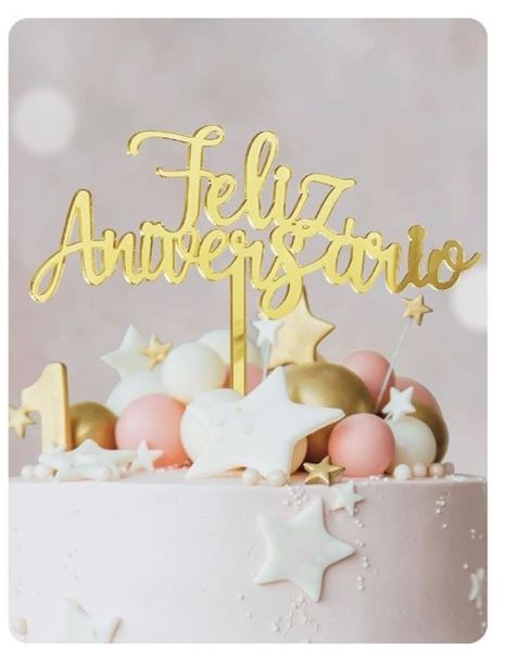 Topo De Bolo Acrílico Ouro Feliz Aniversário