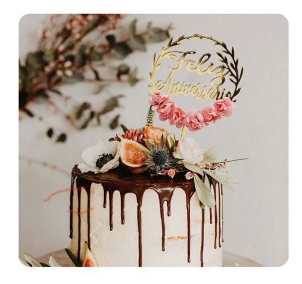 Topo De Bolo Feliz Aniversário Com Flores