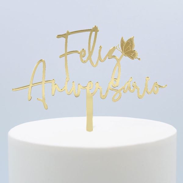 Topper Acrilico Ouro Feliz Aniversário C/ Borboleta