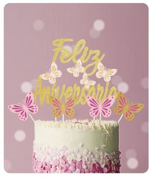 Topo De Bolo Feliz Aniversário Com Borboletas