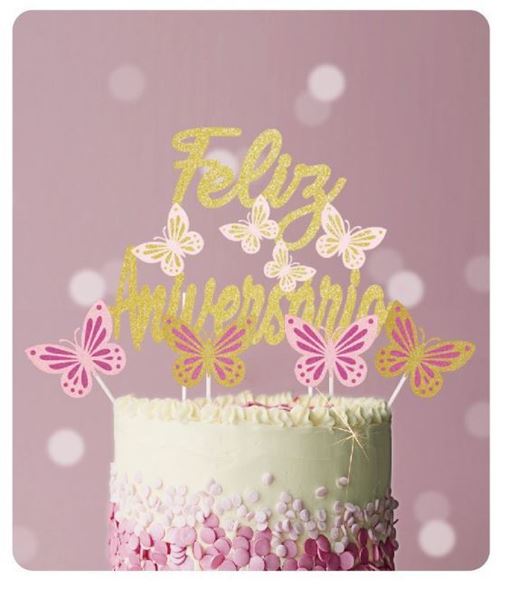 Topo De Bolo Feliz Aniversário Com Borboletas