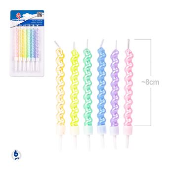 6 Velas Espiral Cores Pastel Perladas